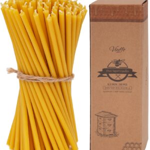 Viyffo 6.3 Inch Natural Beeswax Taper Candles Set of 100 Unscented, Dripless, Smokeless Thin Tapered Candlesticks for Church Prayer, Decor, Birthday, 6.3”x0.2”