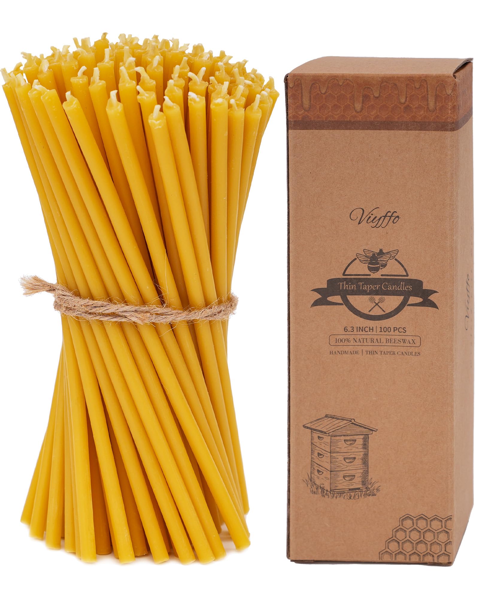 Viyffo 6.3 Inch Natural Beeswax Taper Candles Set of 100 Unscented, Dripless, Smokeless Thin Tapered Candlesticks for Church Prayer, Decor, Birthday, 6.3”x0.2”