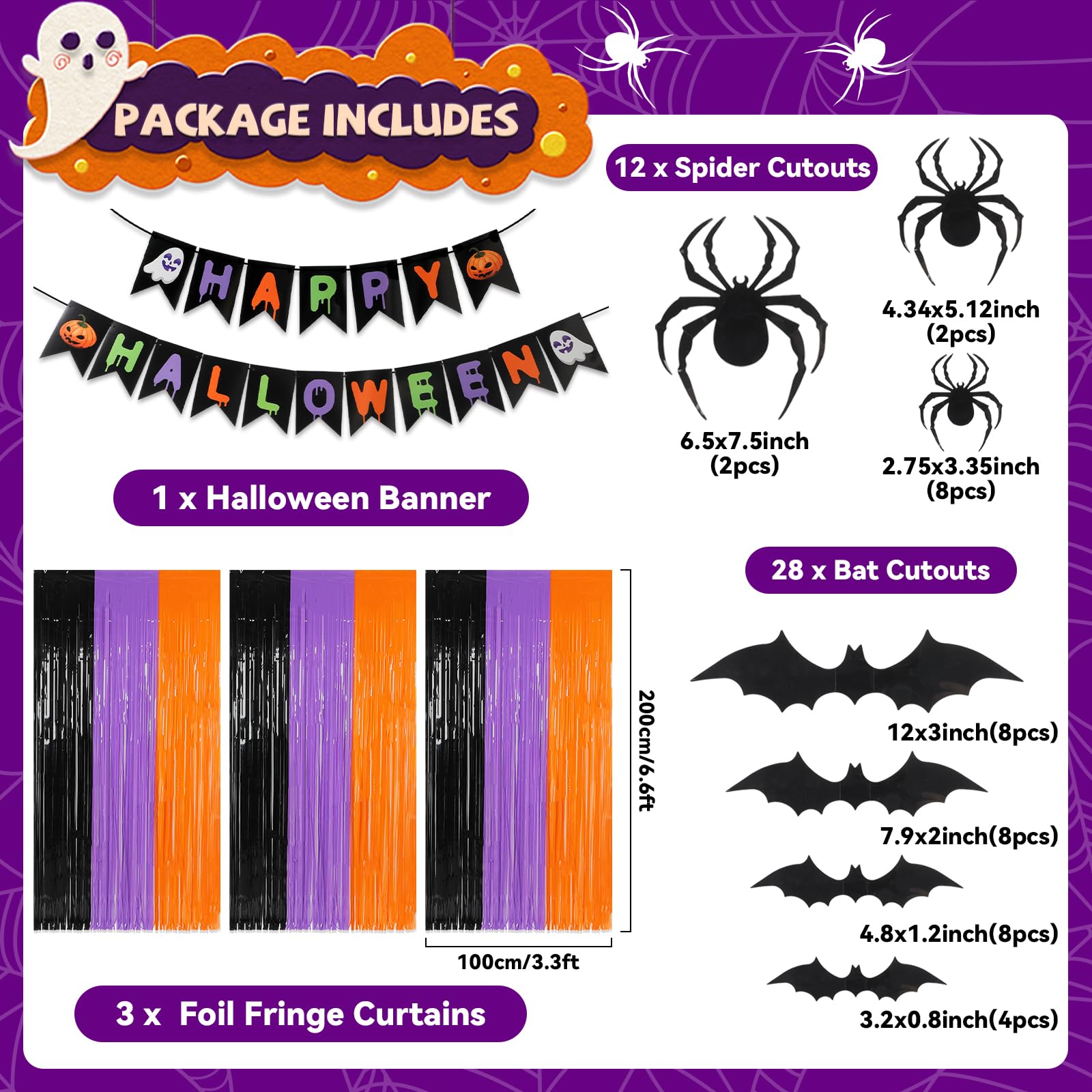 QOUBAI 3Pack Orange Purple Black Foil Fringe Curtains 3.3 X 6.6 ft Decals 1Pc Banner 40Pcs Bat Spider Stickers Halloween Backdrop Streamers for Halloween Photo Booth Prop Wall Party Decorations