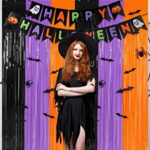 QOUBAI 3Pack Orange Purple Black Foil Fringe Curtains 3.3 X 6.6 ft Decals 1Pc Banner 40Pcs Bat Spider Stickers Halloween Backdrop Streamers for Halloween Photo Booth Prop Wall Party Decorations