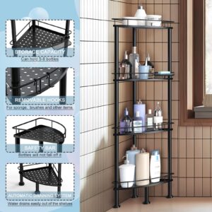 OGEMXU Corner Shower Caddy Stand, 4 Tier Shower Organizer Corner for Bathroom Shampoo Storage, Unshakable Sturdy Floor Shower Shelf with Soap Holder, Rustproof Metal Stand with 4 Hooks, Black