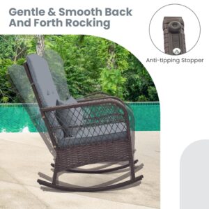 ORALNER 3 Pieces Patio Furniture Wicker Rocker Set, Outdoor Rocking Chairs with Cushions, Pillows, Glass Coffee Table, Rattan Bistro Set for Balcony Front Porch Poolside Garden Deck (Grey)