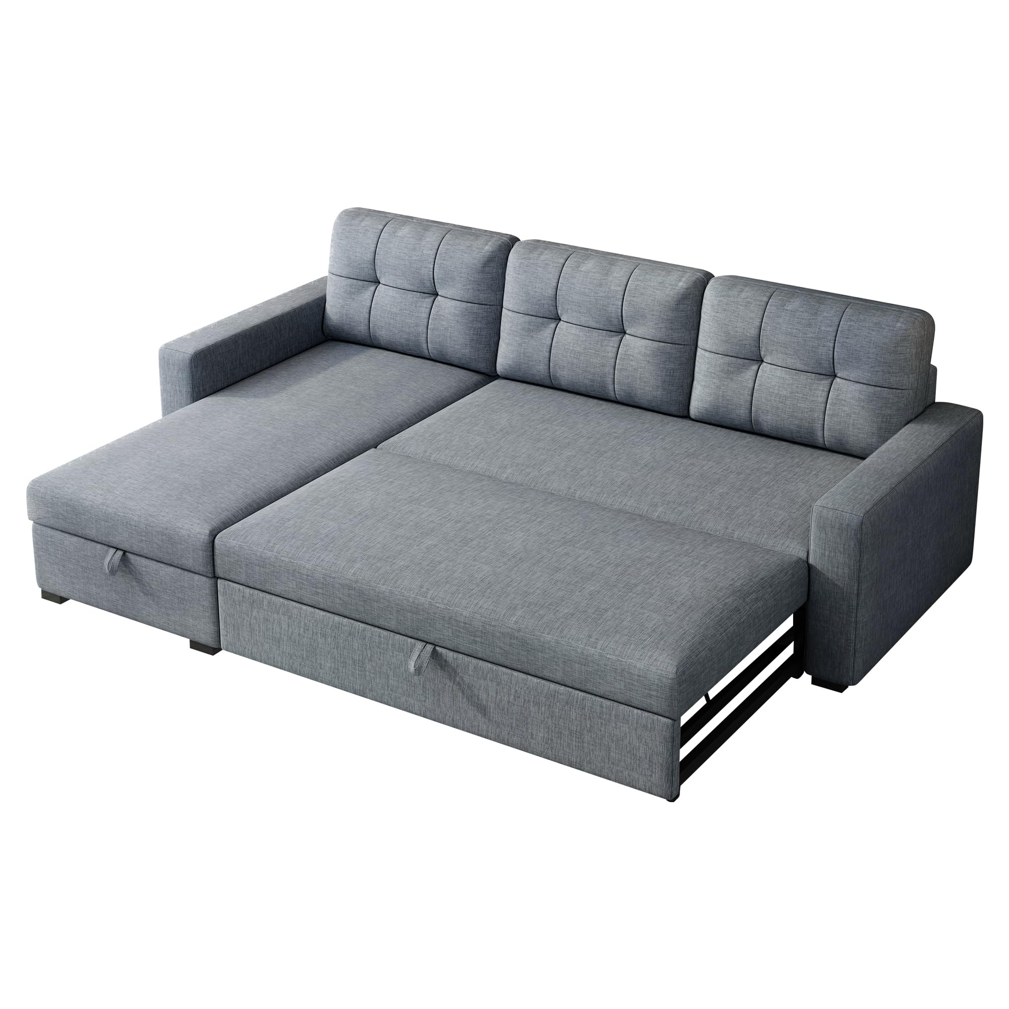 Acosure Pull Out Sofa Bed with Storage Chaise,L-Shape Sectional Corner Couch W/ 3 Back Cushions,Upholstered Convertible Sleeper for Apartment Dorm Living Room,Light Grey