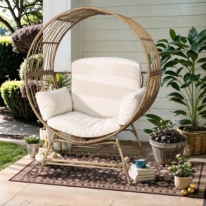 LHBcraft Wicker Round Egg Chair, Oversized Indoor Outdoor Lounger for Patio Living Room, w/ 4 Cushions, Steel Frame, 330lbs Capacity