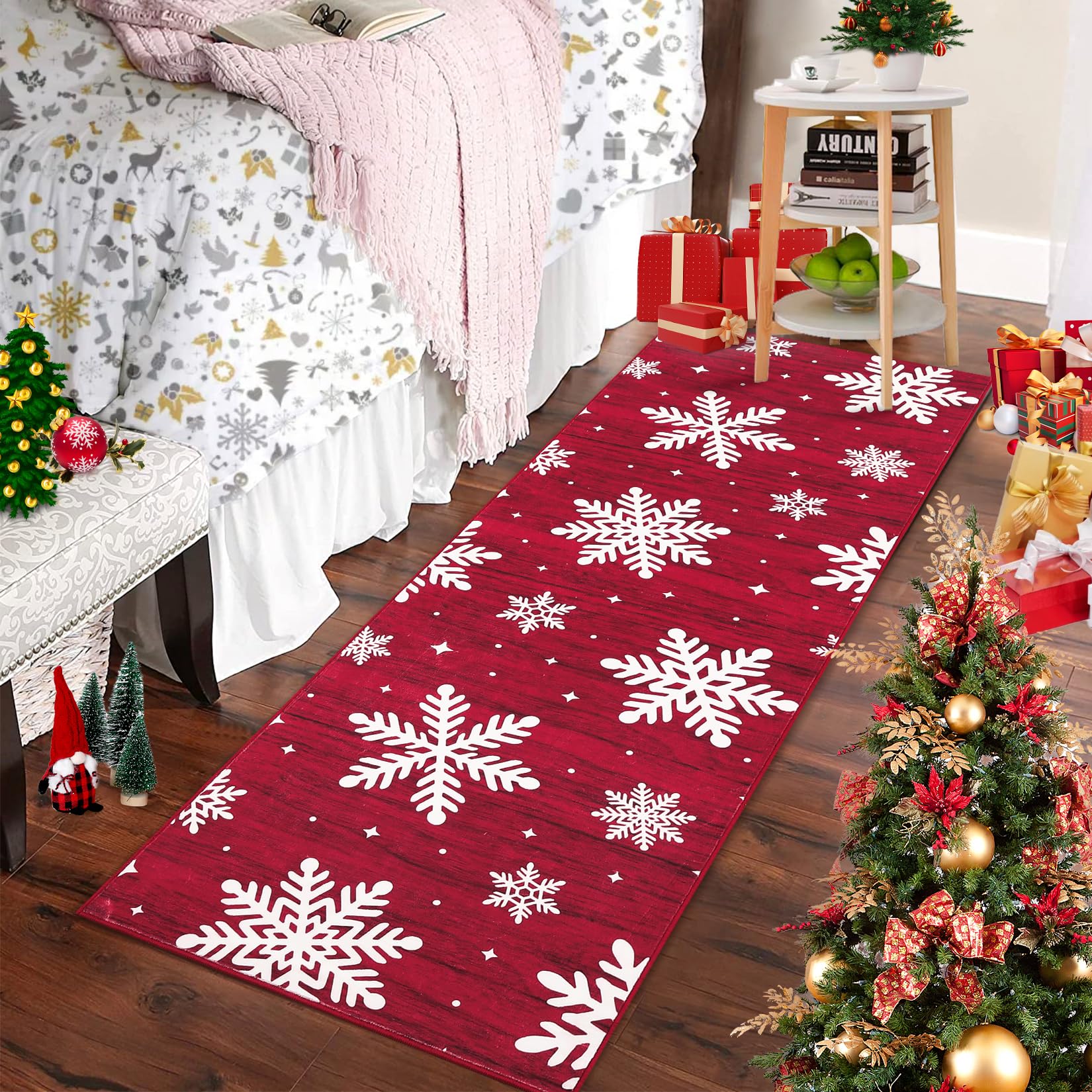 RUGSREAL Christmas Rug Runner Rug 2x6 Washable Rug Non Slip Kitchen Rugs Bedroom Decor Soft Throw Rugs Stain Resistant Carpet for Bedroom Laundry Hallway Runner Snow|Red 2'x6'