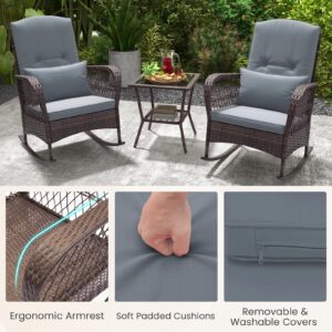 ORALNER 3 Pieces Patio Furniture Wicker Rocker Set, Outdoor Rocking Chairs with Cushions, Pillows, Glass Coffee Table, Rattan Bistro Set for Balcony Front Porch Poolside Garden Deck (Grey)