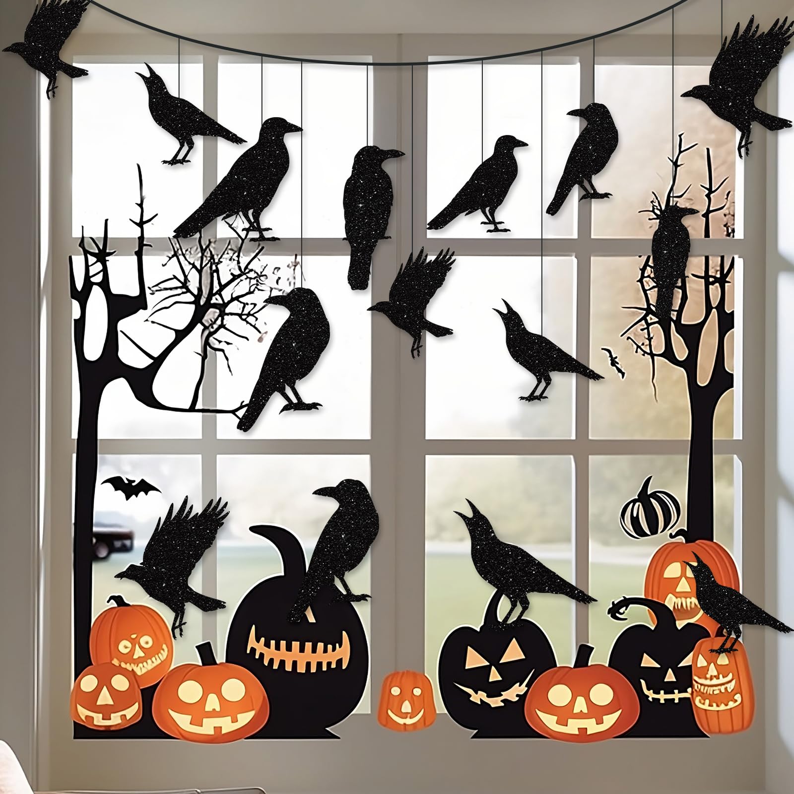 40pcs Glitter Black Crow Halloween Decorations Bird Raven Hanging Banners for Gothic Halloween Garland Backdrop Centerpiece Halloween Wall Cutouts for Horror Theme Birthday Wedding Yard Party Supplies