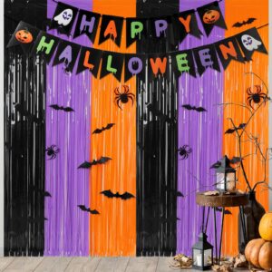 qoubai 3pack orange purple black foil fringe curtains 3.3 x 6.6 ft decals 1pc banner 40pcs bat spider stickers halloween backdrop streamers for halloween photo booth prop wall party decorations