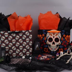 ysmile Halloween Skull Gift Bag with Wrapping Paper for Men Women 12.6" 2 Pack