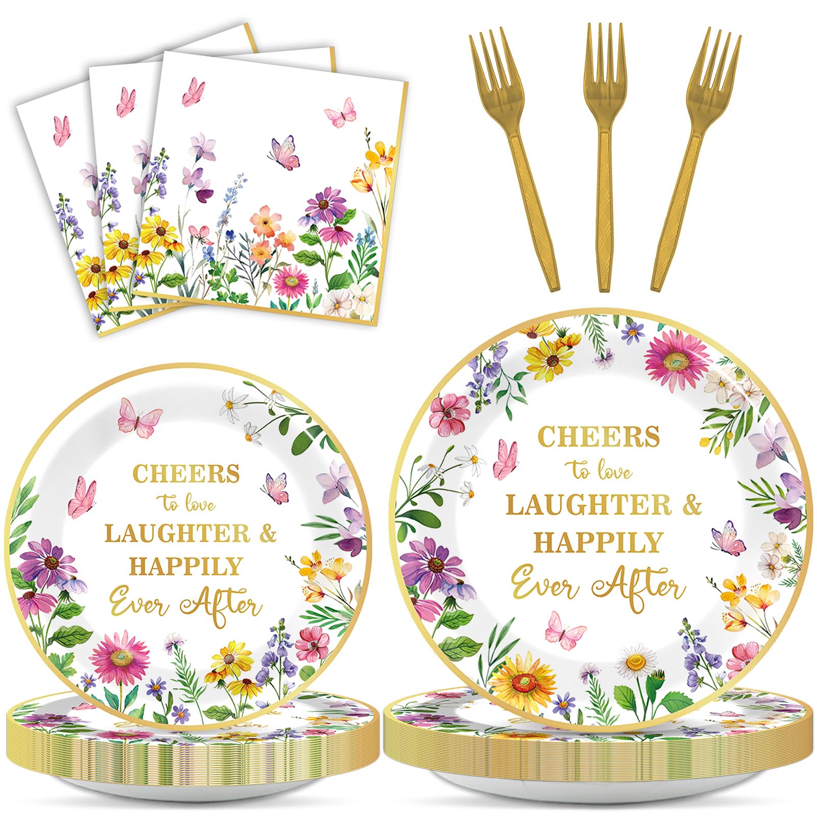 96Pcs Floral Bridal Shower Party Supplies Cheers to Love Tableware Set Wildflower Party Plates and Napkins Decorations for Engagement Bridal Shower Wedding Dinnerware Party Favors for 24 Guests