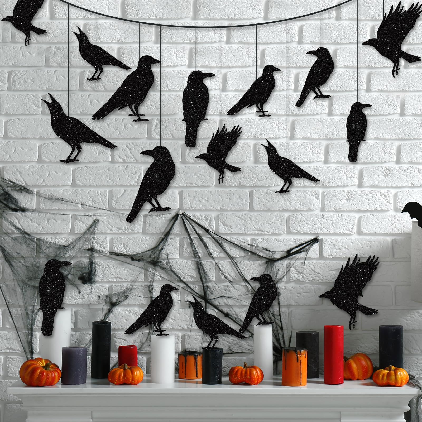 40pcs Glitter Black Crow Halloween Decorations Bird Raven Hanging Banners for Gothic Halloween Garland Backdrop Centerpiece Halloween Wall Cutouts for Horror Theme Birthday Wedding Yard Party Supplies