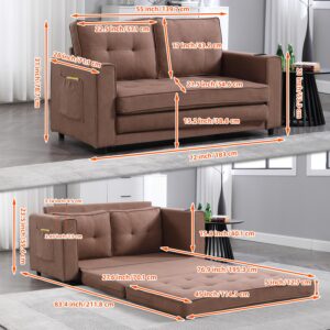 Cyranture Pull Out Sleeper Loveseat Foldable Tufted 3-in-1 Upholstered Futon Sofa Bed for Living Room Convertible Floor Couch Folding Mattres Love Seat with Side Pockets Cup Holder,Brown