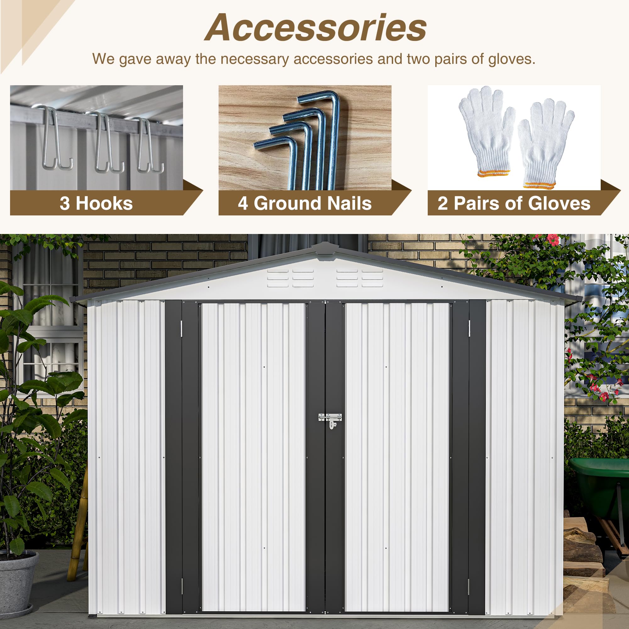 Outdoor Storage Shed 8 x 6 ft All-Weather - Rust & UV-Resistant Galvanized Steel with Ventilation & Pad-Lockable Doors,White