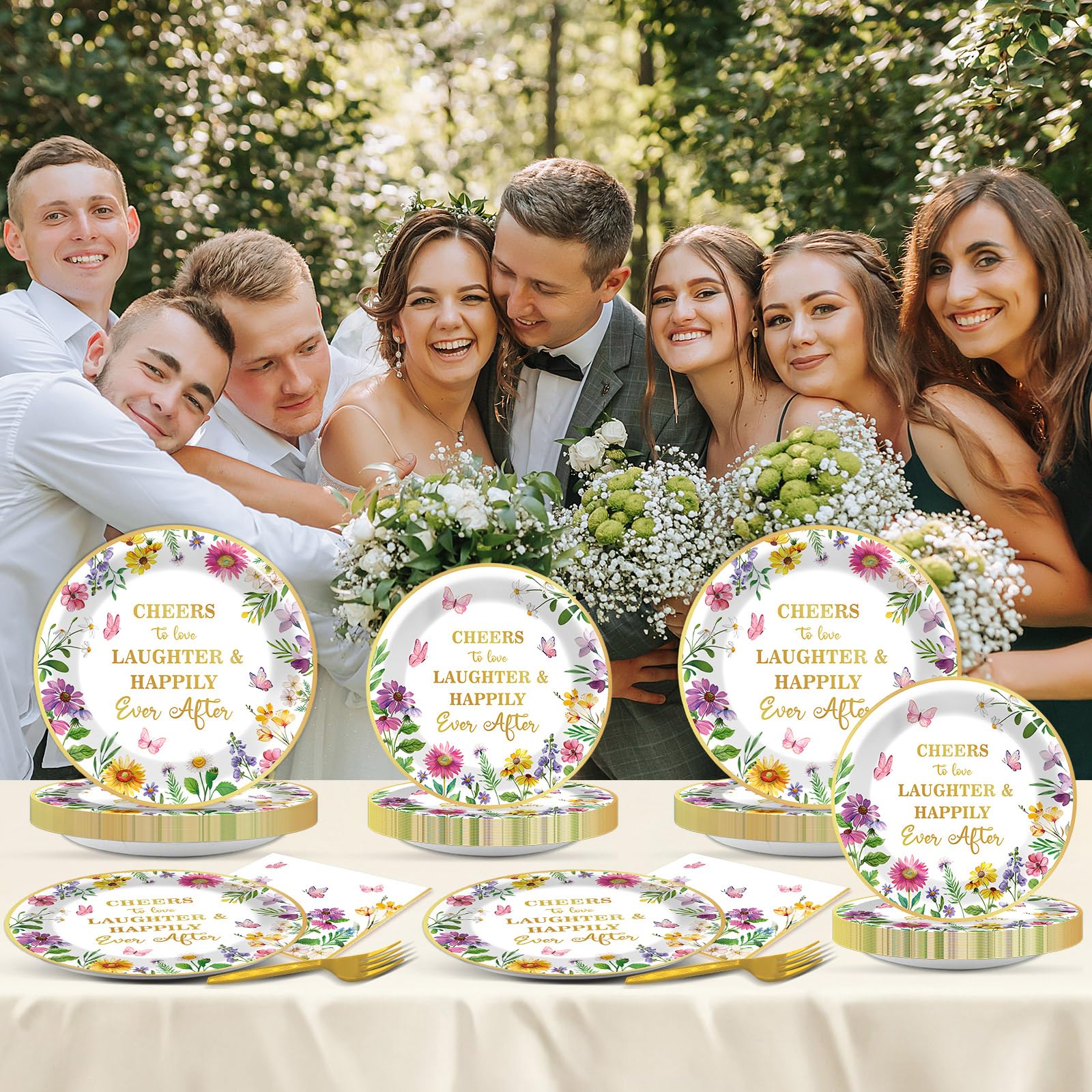 96Pcs Floral Bridal Shower Party Supplies Cheers to Love Tableware Set Wildflower Party Plates and Napkins Decorations for Engagement Bridal Shower Wedding Dinnerware Party Favors for 24 Guests