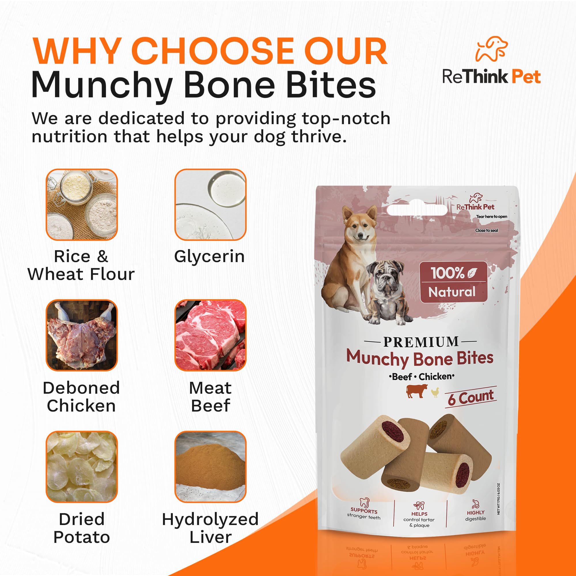 ReThink Pet 6 Pcs Premium Munchy Bone Bites, Dog Treats Small Dogs, Beef and Chicken Flavored Dog Training Treats, Highly Digestible Dog Treat, Natural Pet Treats for Dogs, Perfect Teething Dog Treats