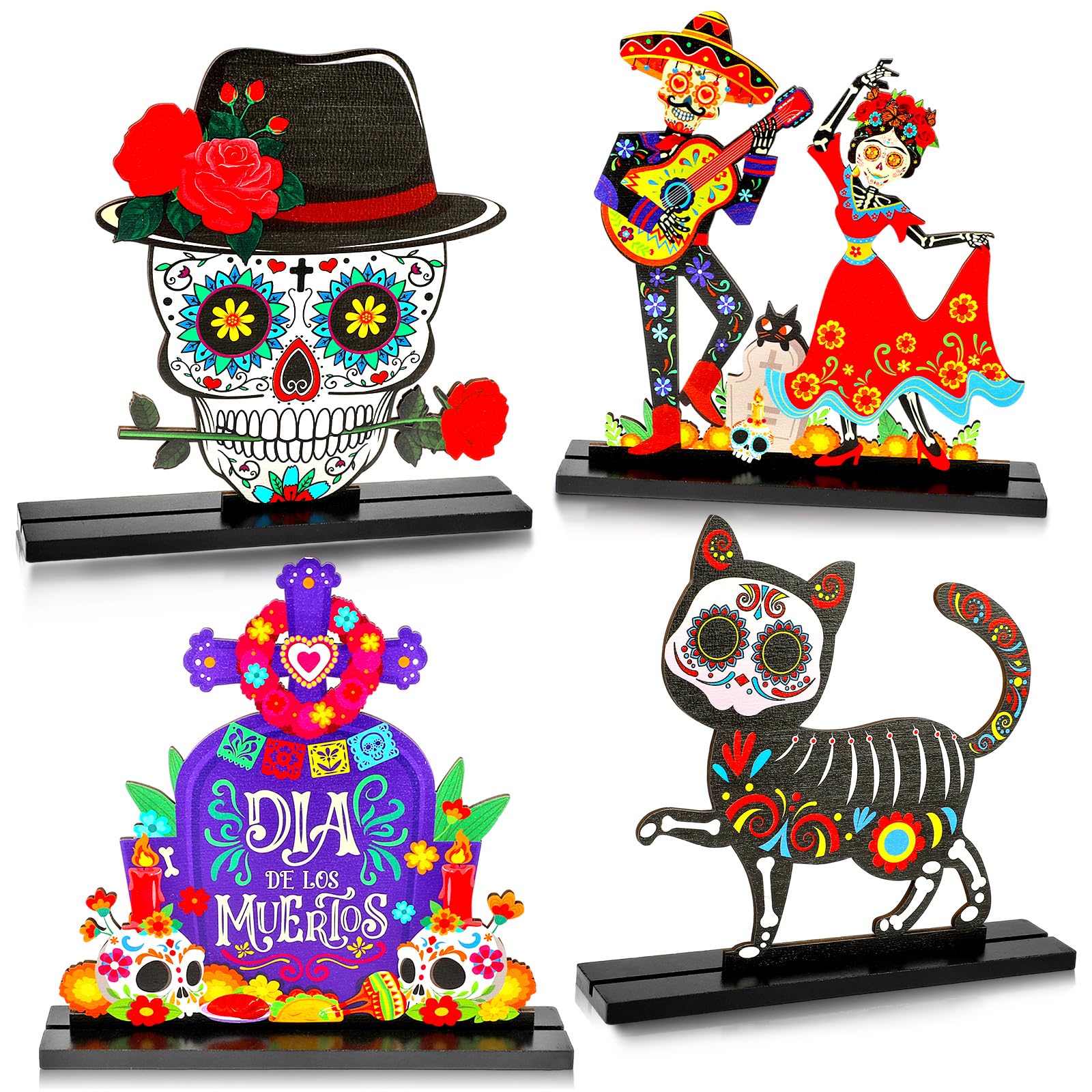 HOWAF 4PCS Day of The Dead Centerpiece, Dia De Los Muertos Wooden Table Topper with Sugar Skull Dancing Ghost Skeleton Couple Skeleton Cat Sacrificial Altar for Day of The Dead Table Decorations