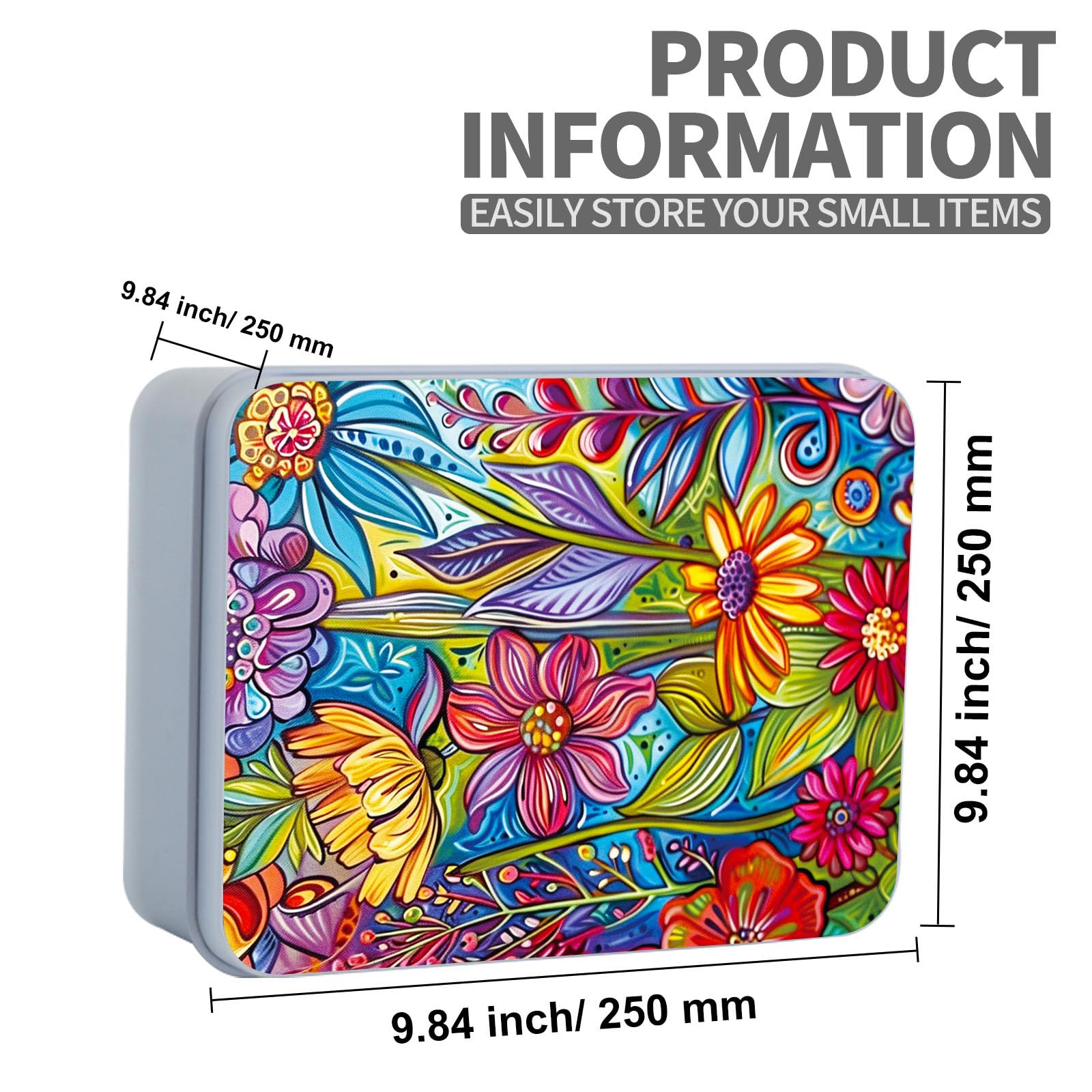 ETLKJVBL Metal Tin Box Sturdy Metal Storage Box with Lid, Large Container Holder for TCG Cards,Car Keys,Cookies,Tin Containers for Gift,5.0x3.7x1.6 Inch,Exquisite Pattern Design(Colorful Flowers)