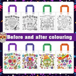 HOWAF Day of The Dead Coloring Gift Bags with 24 （12 Colors） Paint Pens, 12pcs Color Your Own Sugar Skull Tote Bags Dia De Los Muertos Non-Woven DIY Bags for Mexican Halloween Party Favors Activity