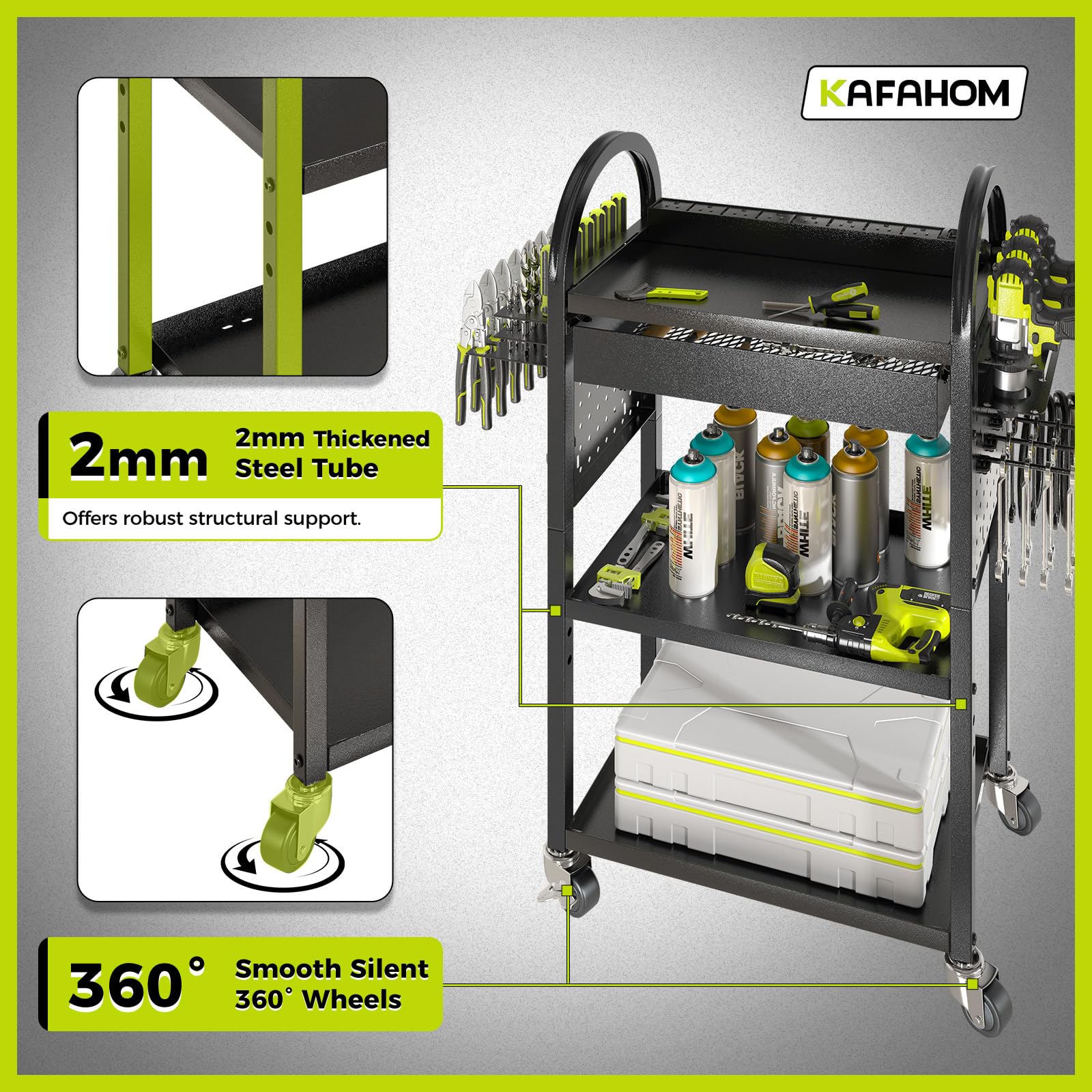 KAFAHOM Power Tool Cart with Charging Station, Rolling Tool Cart with Drawer, Heavy Duty Power Tool Organizer with 360° Silent Wheels,Tool Holder Storage for Garage, Warehouse & Repair Shop