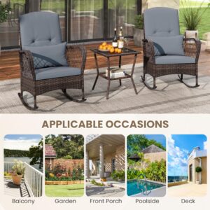 ORALNER 3 Pieces Patio Furniture Wicker Rocker Set, Outdoor Rocking Chairs with Cushions, Pillows, Glass Coffee Table, Rattan Bistro Set for Balcony Front Porch Poolside Garden Deck (Grey)