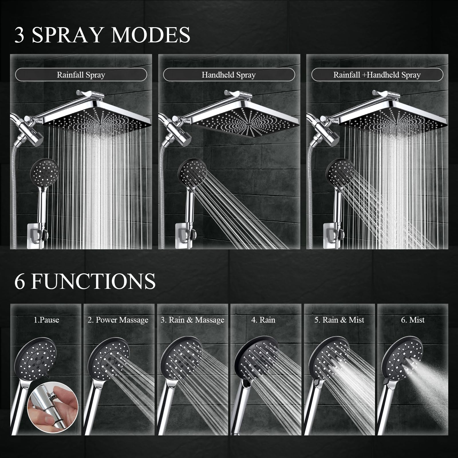 Veken 13.39 Inch High Pressure Rain Shower Head Combo with Extension Arm- Wide Rainfall Showerhead with 5 Handheld Water Spray - Adjustable Dual Showerhead with Anti-Clog Nozzles - Silver Chrome