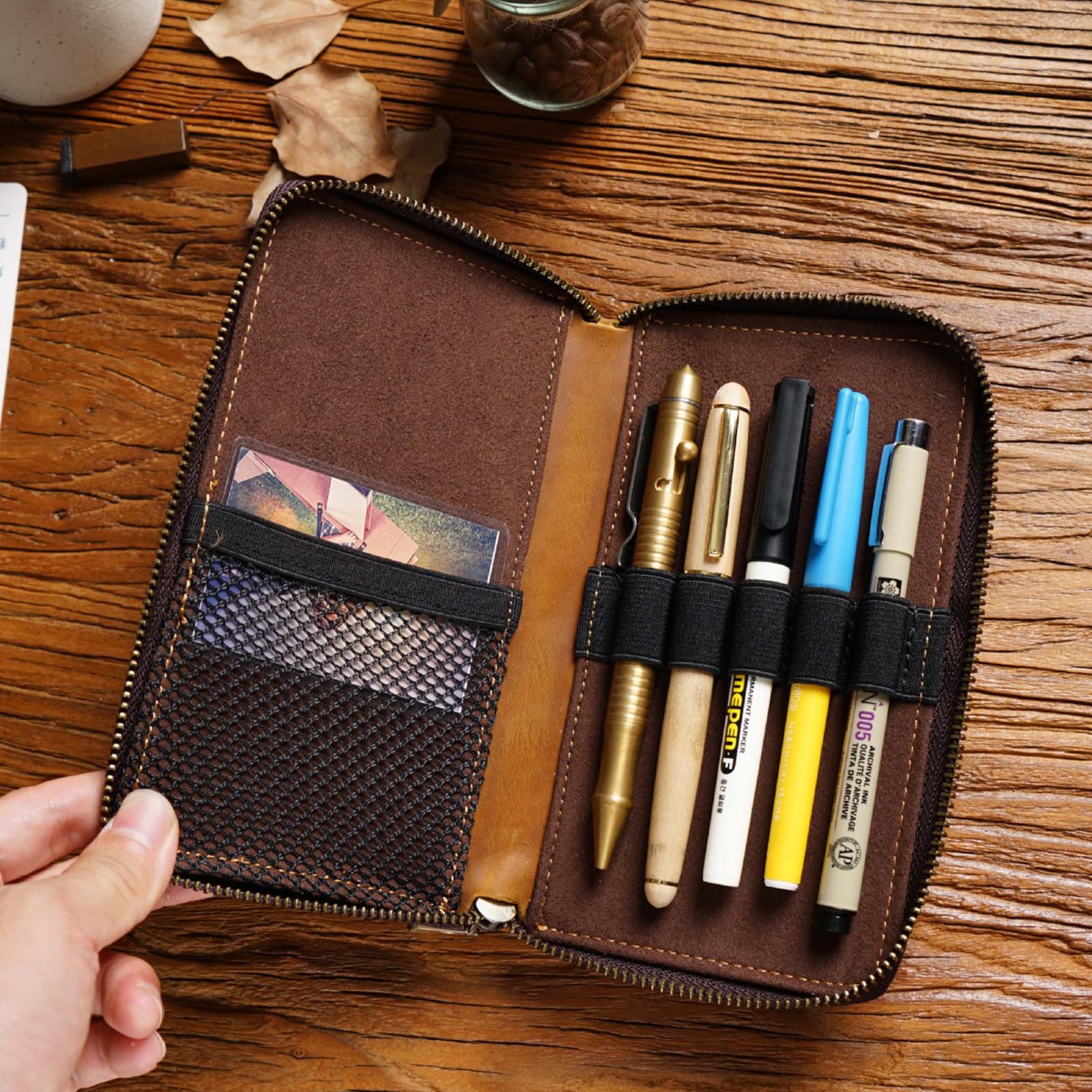 MIVLXLX Leather Pencil Case Organizer with Zipper, Portable Pen Case Storage for Drawing Pencils and Markers (coffee)