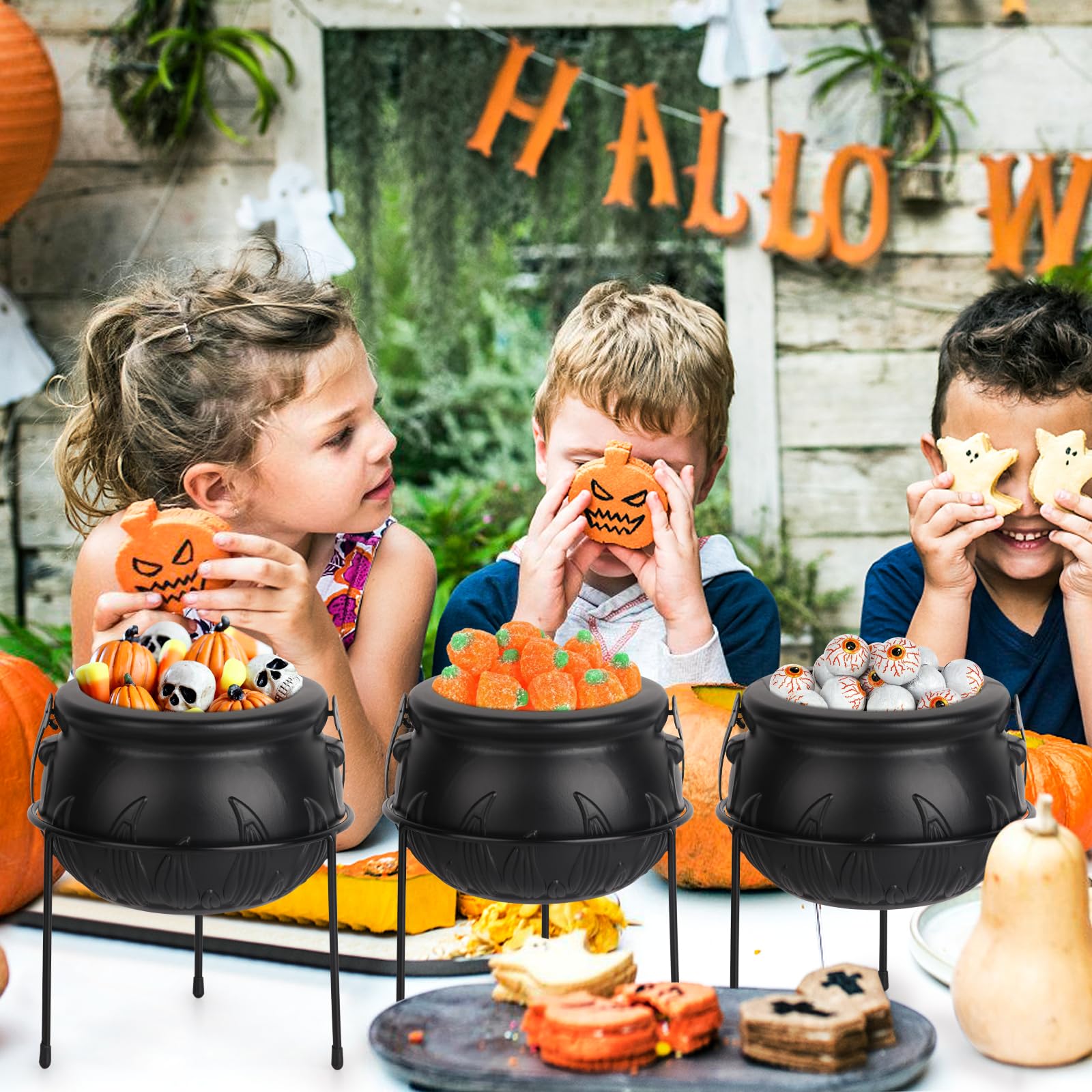 Atiloy Halloween Decor Witches Cauldron Set of 3 Witches Cauldron Serving Bowls on Stand Black Plastic Halloween Punch Bowl Candy Snack Food Dishes for Indoor Outdoor Home Kitchen Party Supplies