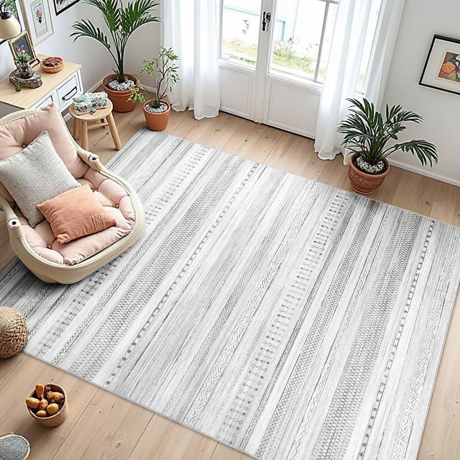 Boraya Area Rugs for Living Room: 5x7 Washable Boho Rug for Bedroom Large Neutral Bohemian Moroccan Farmhouse Geometric Dining Room Rugs Ultra Soft Floor Carpet Indoor for Home Office - Grey