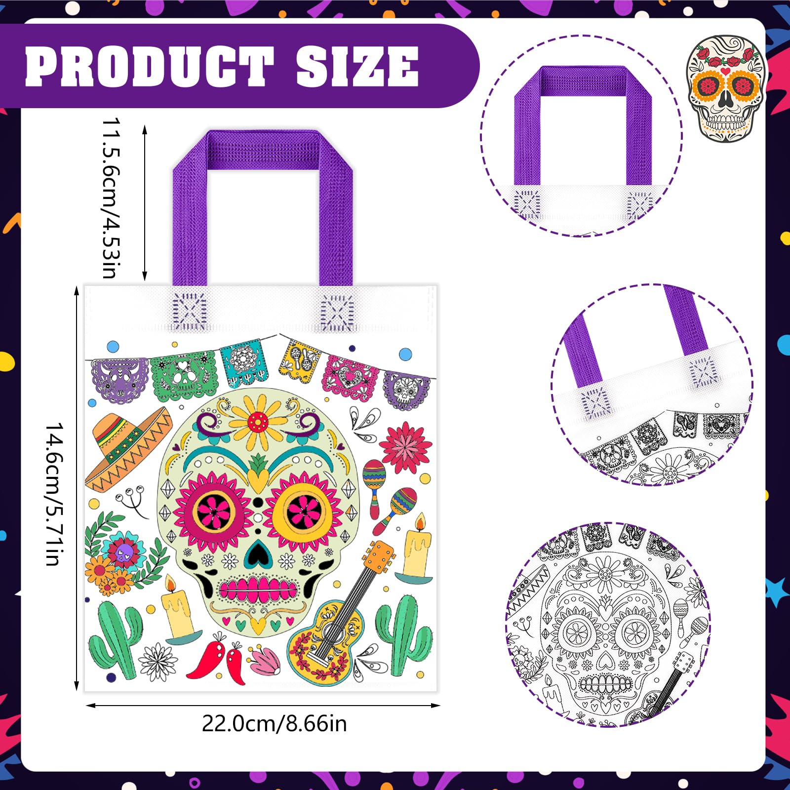 HOWAF Day of The Dead Coloring Gift Bags with 24 （12 Colors） Paint Pens, 12pcs Color Your Own Sugar Skull Tote Bags Dia De Los Muertos Non-Woven DIY Bags for Mexican Halloween Party Favors Activity