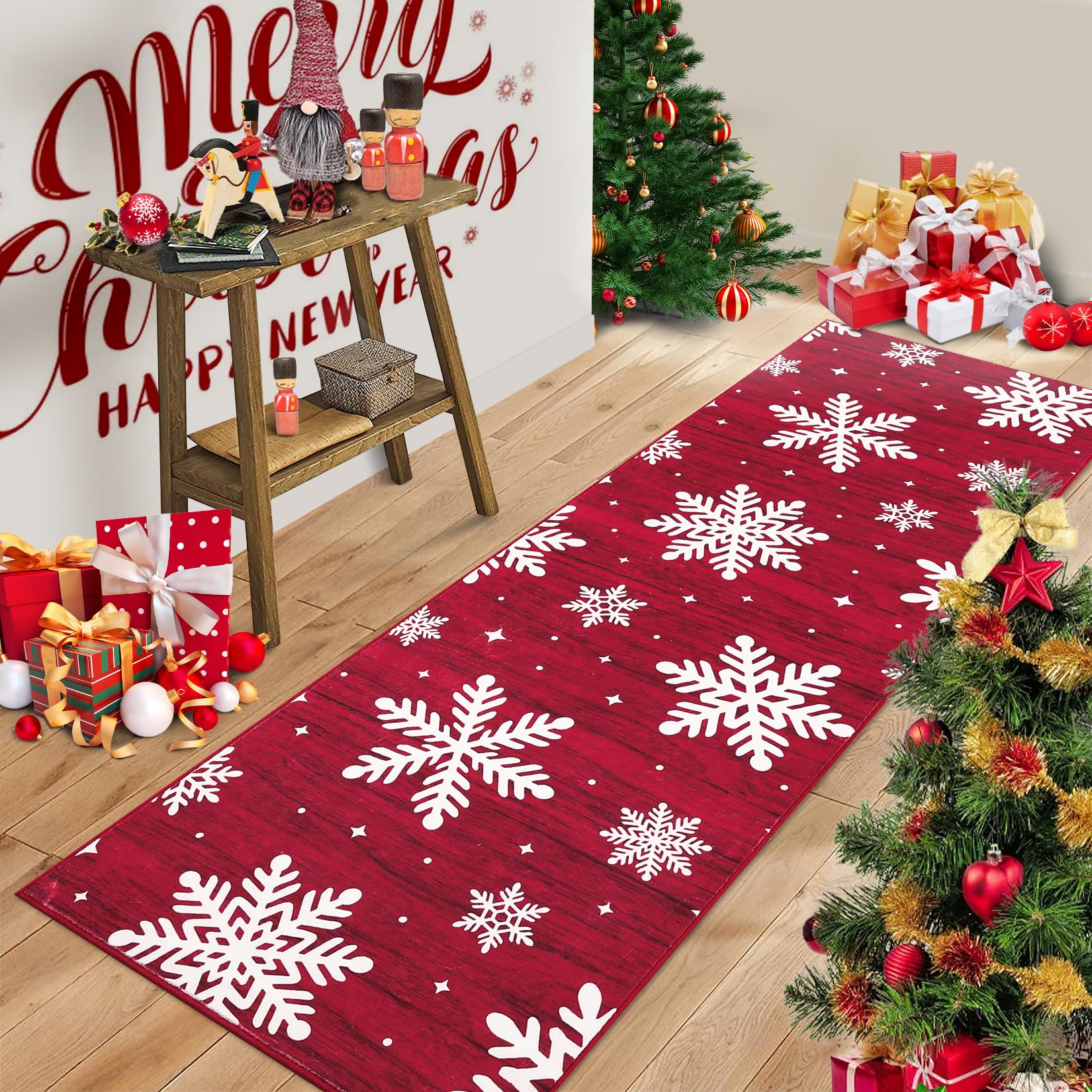 RUGSREAL Christmas Rug Runner Rug 2x6 Washable Rug Non Slip Kitchen Rugs Bedroom Decor Soft Throw Rugs Stain Resistant Carpet for Bedroom Laundry Hallway Runner Snow|Red 2'x6'