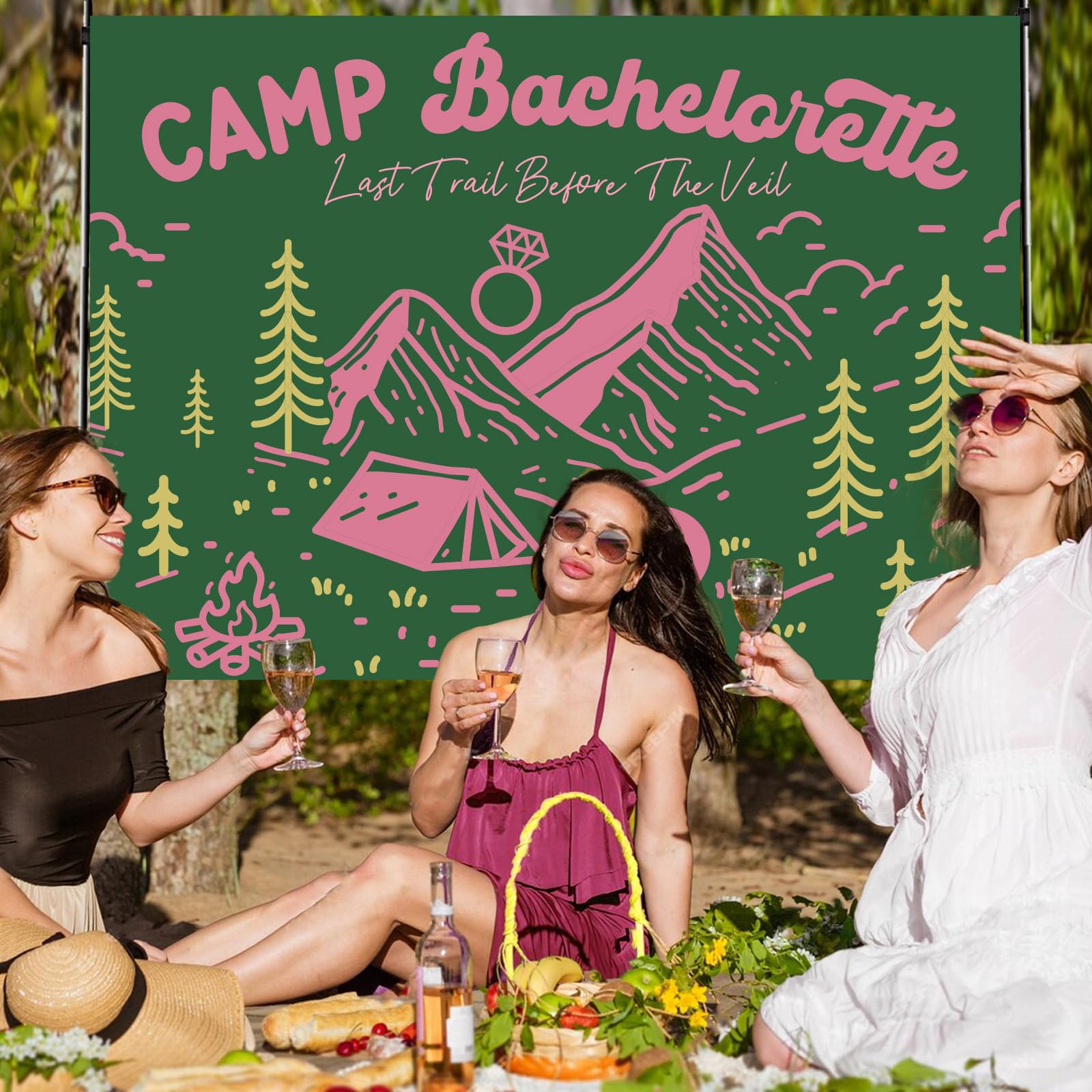 Camp Bachelorette Party Decor 7 * 5ft Pink Green Backdrop Last Trail Before The Veil Banner Hiking Camp Bachelorette Party Supplies Bachelorette Banner for Wedding Bridal Shower Bunting Party