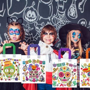 HOWAF Day of The Dead Coloring Gift Bags with 24 （12 Colors） Paint Pens, 12pcs Color Your Own Sugar Skull Tote Bags Dia De Los Muertos Non-Woven DIY Bags for Mexican Halloween Party Favors Activity