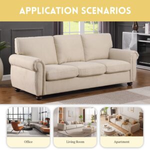 jurmiture 84" Modern 3 Seater Couches, Fabric Linen Deep Seat Sofa Mid Century Couches with Rolled Arms, Comfy Three Seater Couch Sofa with Turned Wooden Legs, Beige 3 Cushion Couches for Living Room