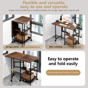 leasote 32 Inch Office Desk, Folding Computer Desk with Drawers, Home Office Desk Gaming Desk with Bookshelf Design, Small Computer Desk with Casters, Rolling Desk Laptop Cart Brown