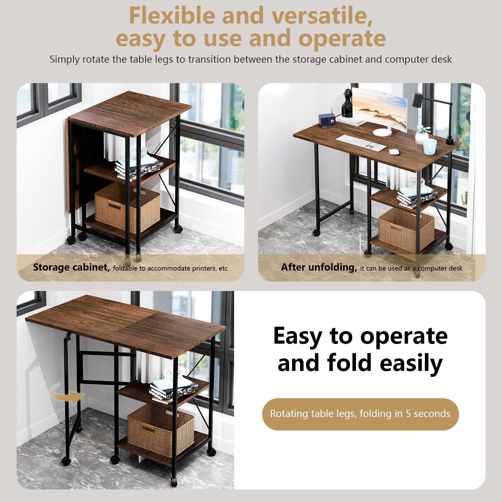 leasote 32 Inch Office Desk, Folding Computer Desk with Drawers, Home Office Desk Gaming Desk with Bookshelf Design, Small Computer Desk with Casters, Rolling Desk Laptop Cart Brown