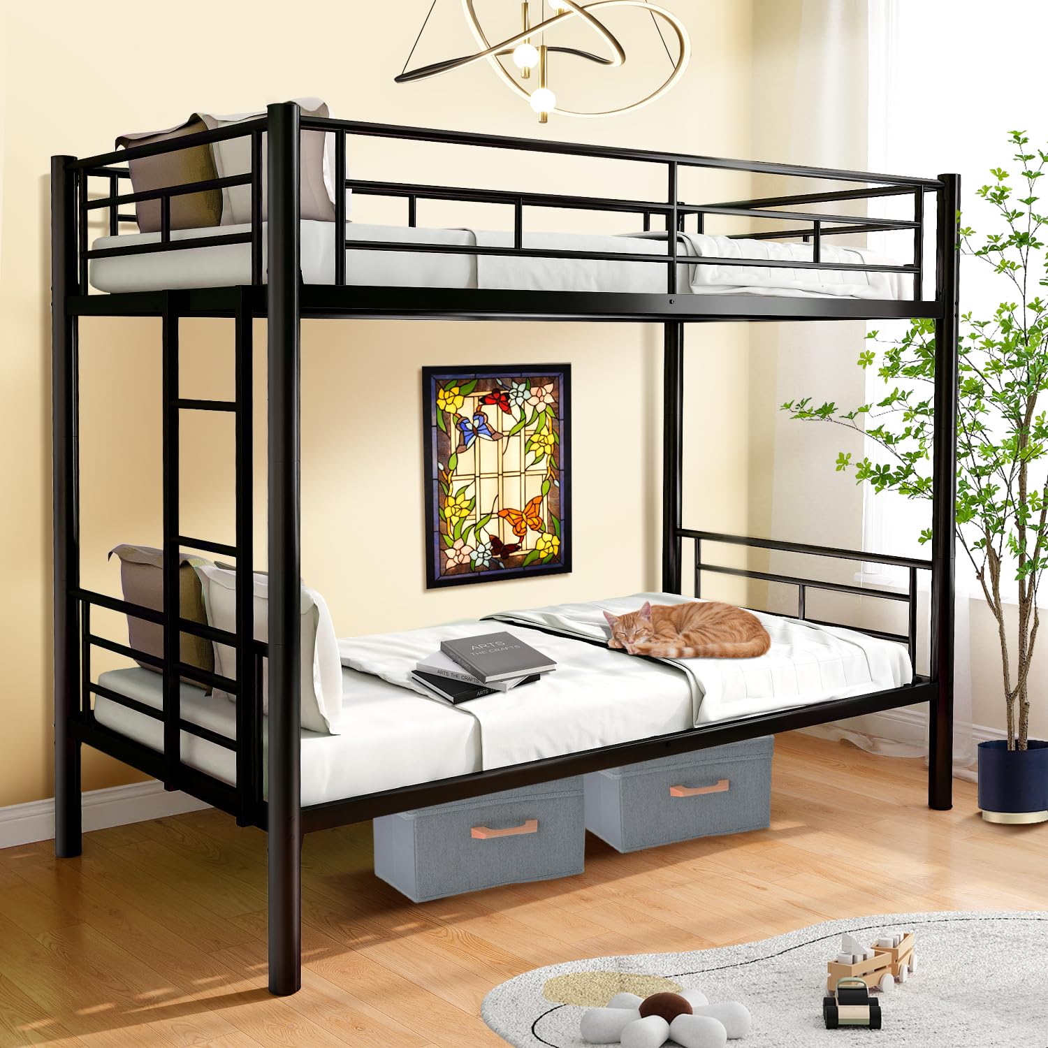 Cyranture Bunk Bed Twin Over Twin Size Convertible Bunkbed Metal Bunk Beds with Ladder & Guardrail Heavy Duty Beds Frame for Teens Adults Dorm Bedroom Guest Room, Black