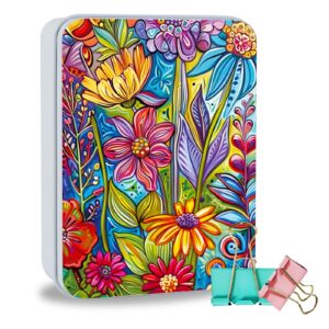 etlkjvbl metal tin box sturdy metal storage box with lid, large container holder for tcg cards,car keys,cookies,tin containers for gift,5.0x3.7x1.6 inch,exquisite pattern design(colorful flowers)