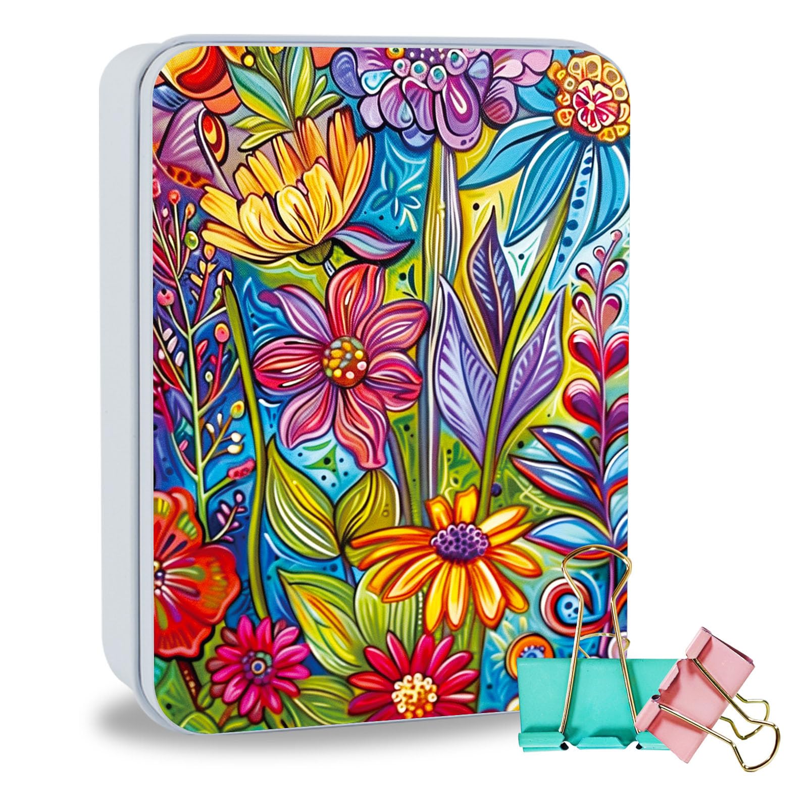 ETLKJVBL Metal Tin Box Sturdy Metal Storage Box with Lid, Large Container Holder for TCG Cards,Car Keys,Cookies,Tin Containers for Gift,5.0x3.7x1.6 Inch,Exquisite Pattern Design(Colorful Flowers)