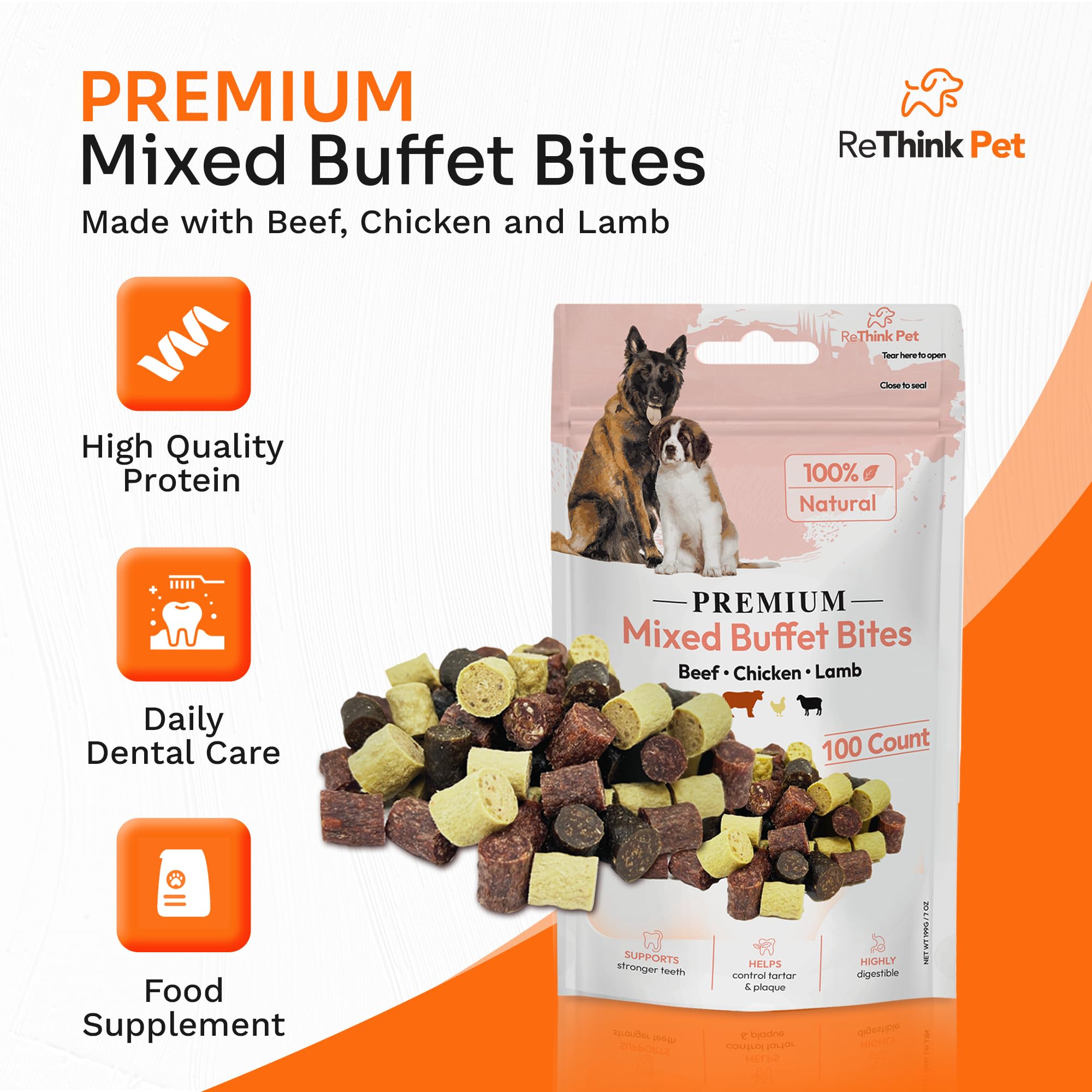 ReThink Pet 100 Pieces Dog Training Treat, Protein Rich Bites with Beef, Lamb & Chicken, High Digestible, Healthy Dog Training Treats, Great Tasting, Long Lasting, Dog Chew, Suitable for Small Dog