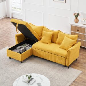 TURRIDU Convertible Sectional Sofa with Pull-Out Bed and Storage Chaise Lounge, L-shaped Corduroy Upholstered Reversible Couch with 2 Throw Pillows for Living Room, Apartment (Yellow)