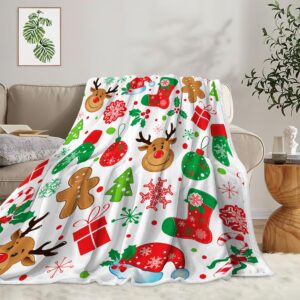 NYMB White Cute Kids Christmas Throw Blanket, Funny Reindeer Snowflake Gingerbread Candy Snowflake Holiday Blanket for Couch Bed, Warm and Cozy Travel Camping Throw Blanke, 50X60in