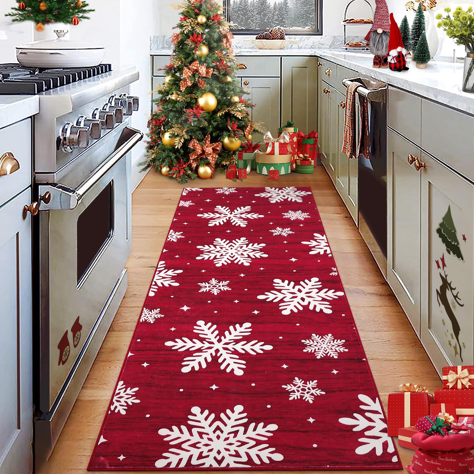 RUGSREAL Christmas Rug Runner Rug 2x6 Washable Rug Non Slip Kitchen Rugs Bedroom Decor Soft Throw Rugs Stain Resistant Carpet for Bedroom Laundry Hallway Runner Snow|Red 2'x6'