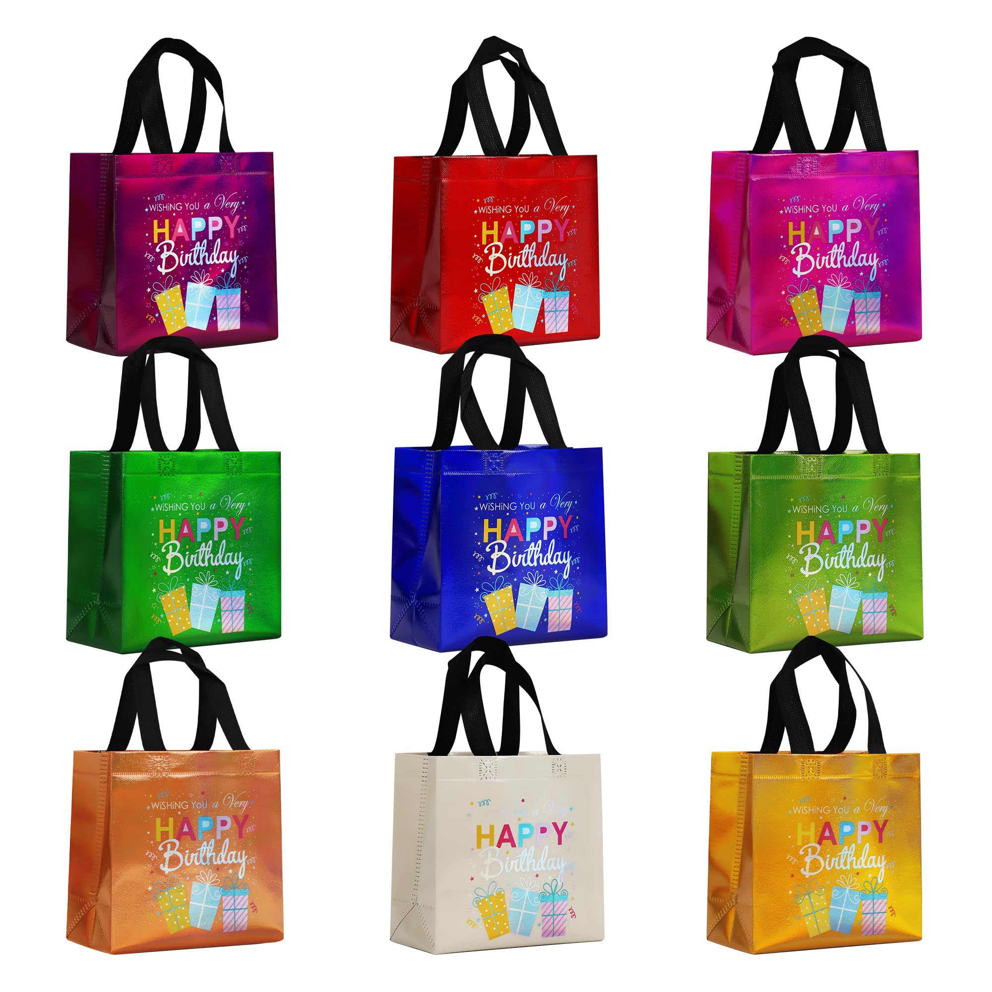 cabzymx 18 Pcs Multicolor Small Birthday Gift Bags Set with 9 Colors, Funny Gift Design Reusable Birthday Presents Bags Bulk with Bases, 8 x 3.9 x 8 In Party Goodie Bags for Baby, Girls, Boys