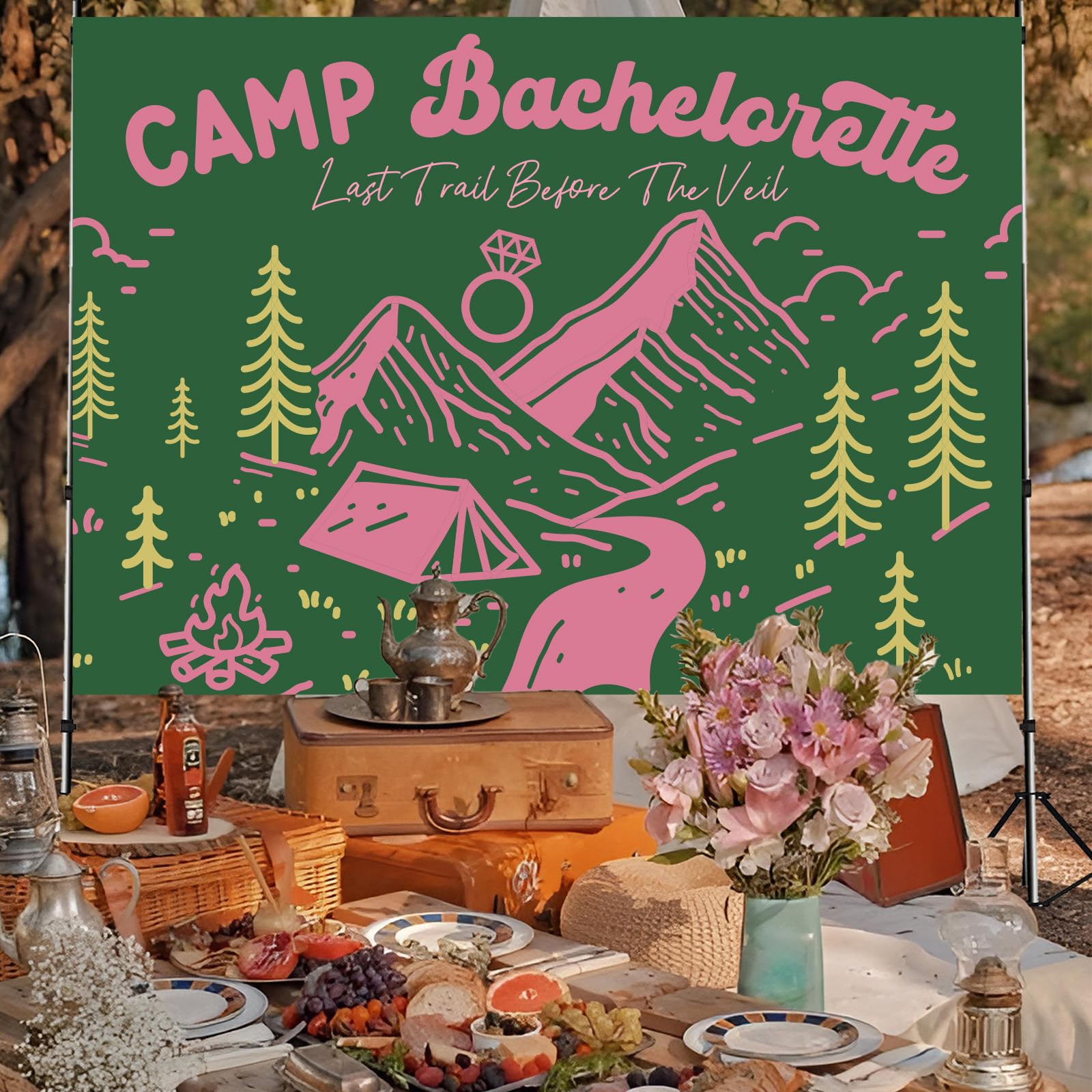 Camp Bachelorette Party Decor 7 * 5ft Pink Green Backdrop Last Trail Before The Veil Banner Hiking Camp Bachelorette Party Supplies Bachelorette Banner for Wedding Bridal Shower Bunting Party