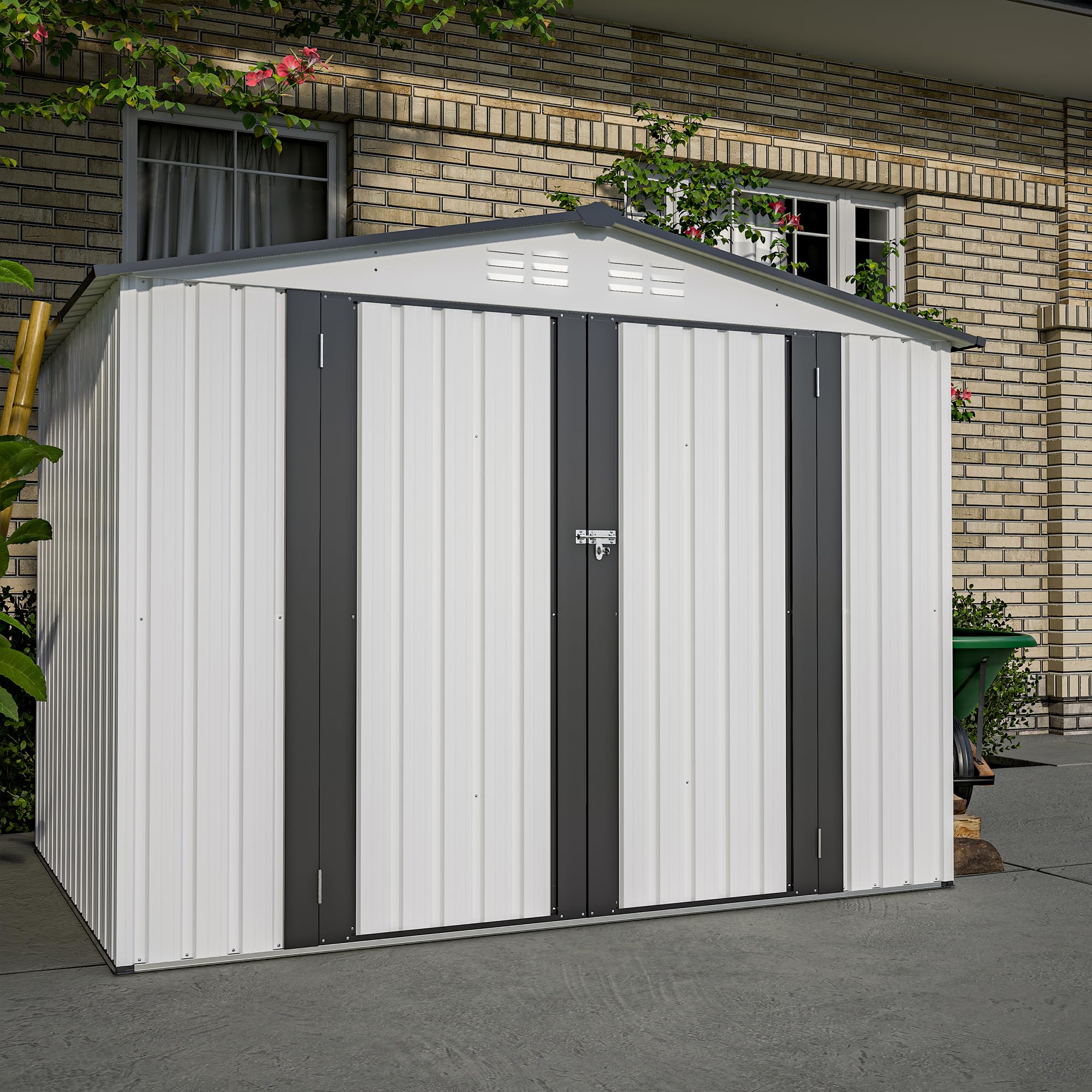 Outdoor Storage Shed 8 x 6 ft All-Weather - Rust & UV-Resistant Galvanized Steel with Ventilation & Pad-Lockable Doors,White