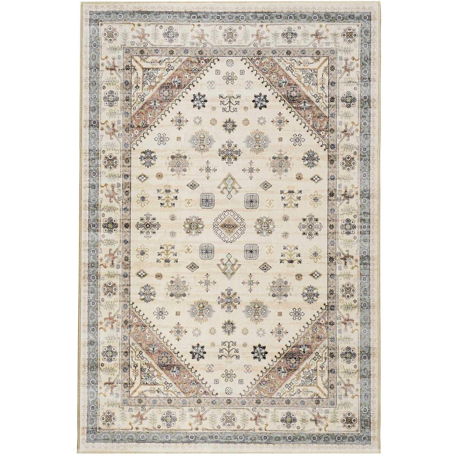 Roxstand 6x9 Area Rugs for Bedroom, Washable Rug with Non-Slip Backing, Ultra-Thin Rugs for High-Traffic Areas, Super-Soft Vintage Farmhouse Large Area Rug (Beige, 6'x9')