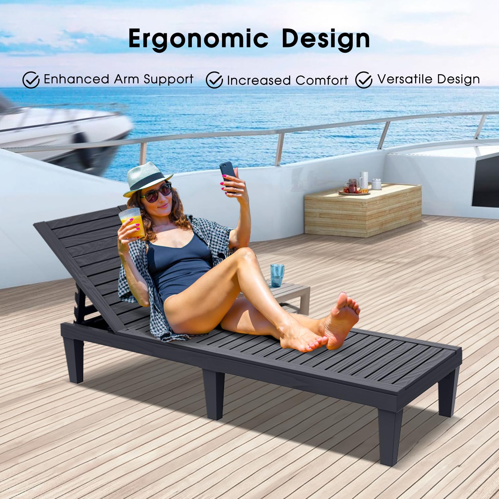 GYMHILL Outdoor Chaise Lounge Chairs 5-Position Adjustable Backrest, Waterproof Resin Sun Loungers for Garden Pool Beach Patio Deck Sunbathing (Black)