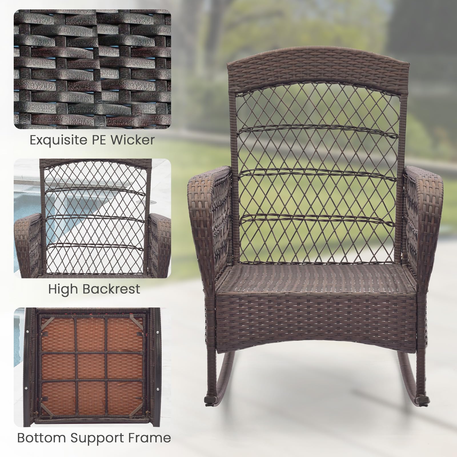 ORALNER 3 Pieces Patio Furniture Wicker Rocker Set, Outdoor Rocking Chairs with Cushions, Pillows, Glass Coffee Table, Rattan Bistro Set for Balcony Front Porch Poolside Garden Deck (Grey)