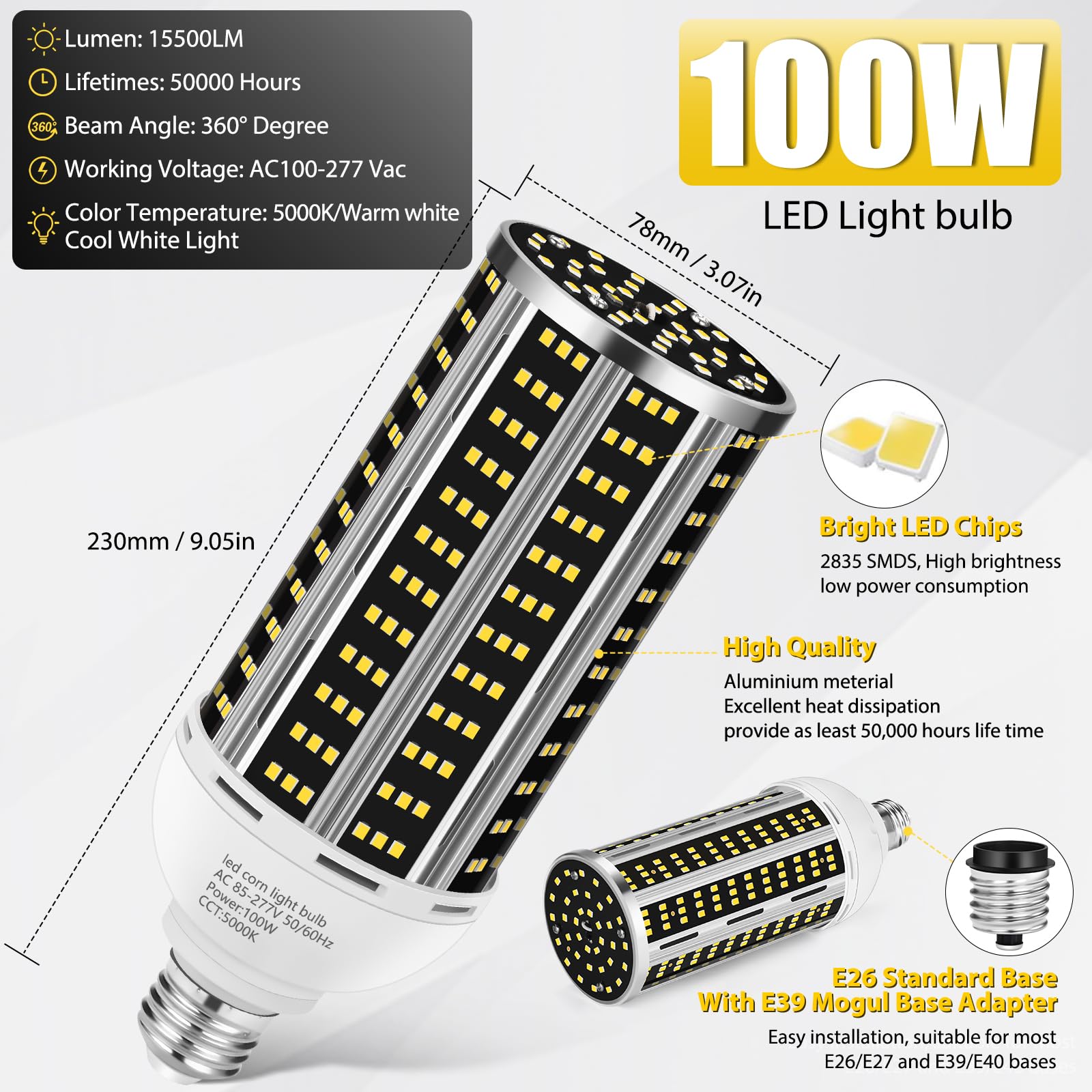 100W 2 pack LED Corn Light Bulb,(1000W Equivalent )Commercial Grade DayLight 5000K E26/E39 14200LM Medium Mogul Base LED Lamp,Large Area Lights For Outdoor Indoor Garage Warehouse Factory Bay Light