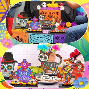 HOWAF 4PCS Day of The Dead Centerpiece, Dia De Los Muertos Wooden Table Topper with Sugar Skull Dancing Ghost Skeleton Couple Skeleton Cat Sacrificial Altar for Day of The Dead Table Decorations